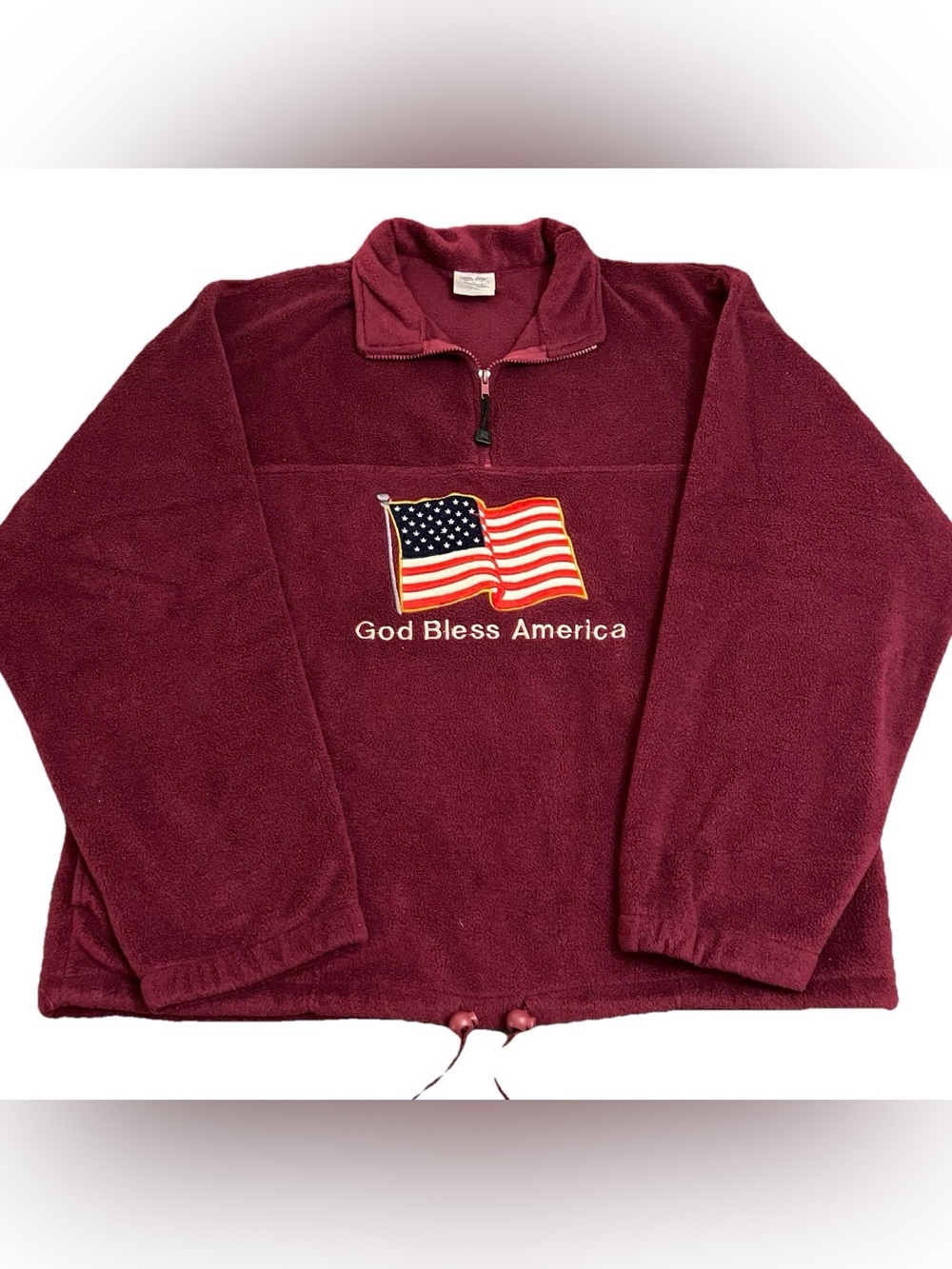 XNT Vtg Maroon Fleece Embroidered God Bless America Flag Sweatshirt Size XL